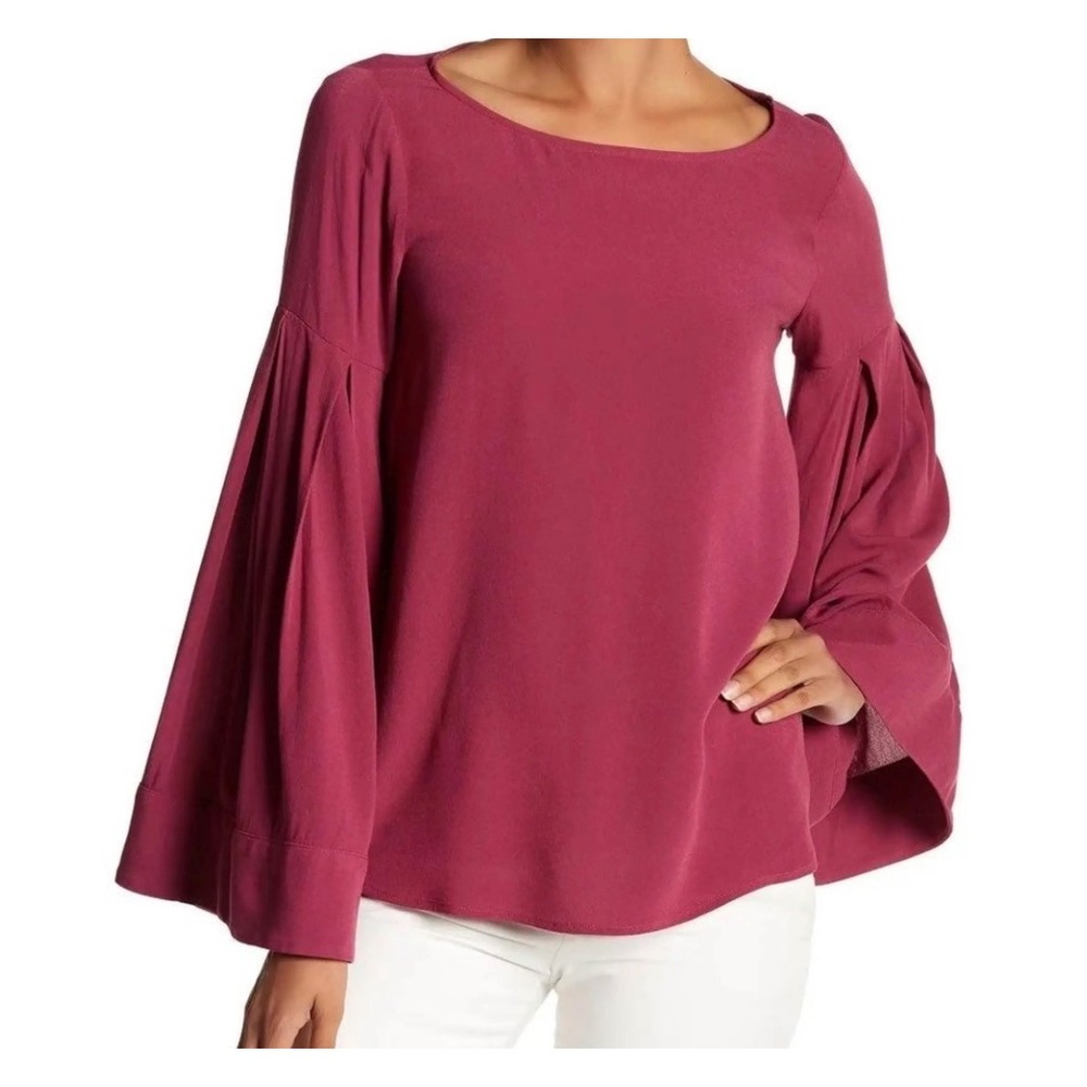 RO & DE Womens Pleated Bell Sleeve Blouse Berry Wine Rayon Top XS